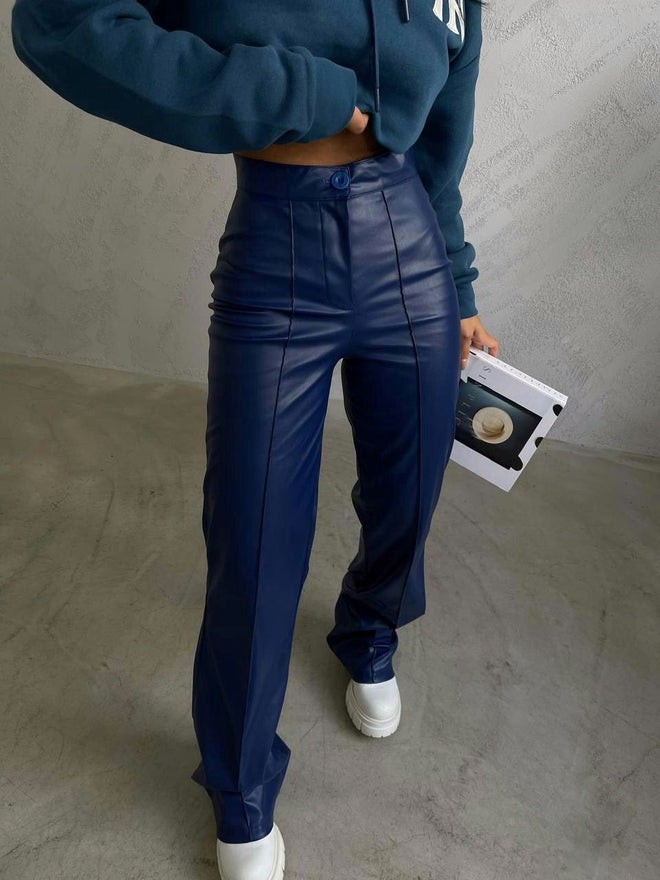 Straight Leather Trousers- Dark Blue