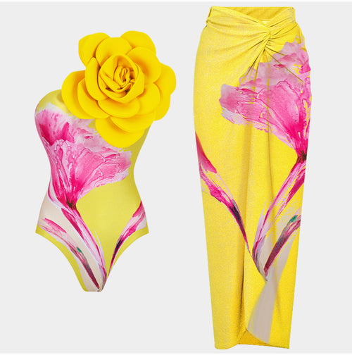 3D Flower Gradient one piece swimsuit and Sarong flaxmaker