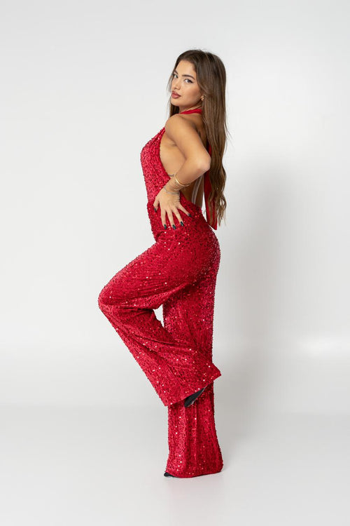 red glittery jumpsuit