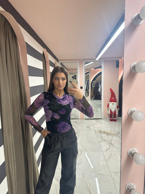see through purple flower shirt