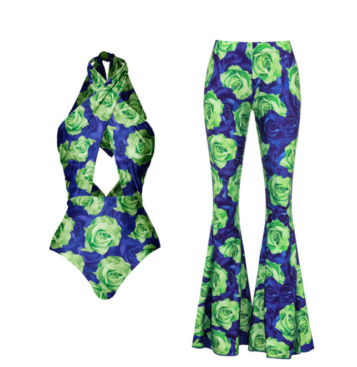 Blue Green Rose Print Cut Out Hanging Neck One Piece Swimsuit and Pants Flaxmaker