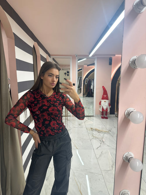 see through red flower top