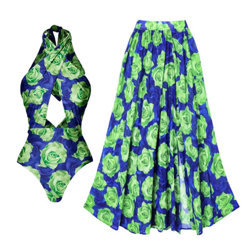 Blue Green Rose Print Cut Out Hanging Neck One Piece Swimsuit and skirt