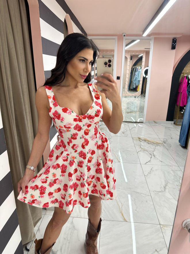 Lola’s red floral dress