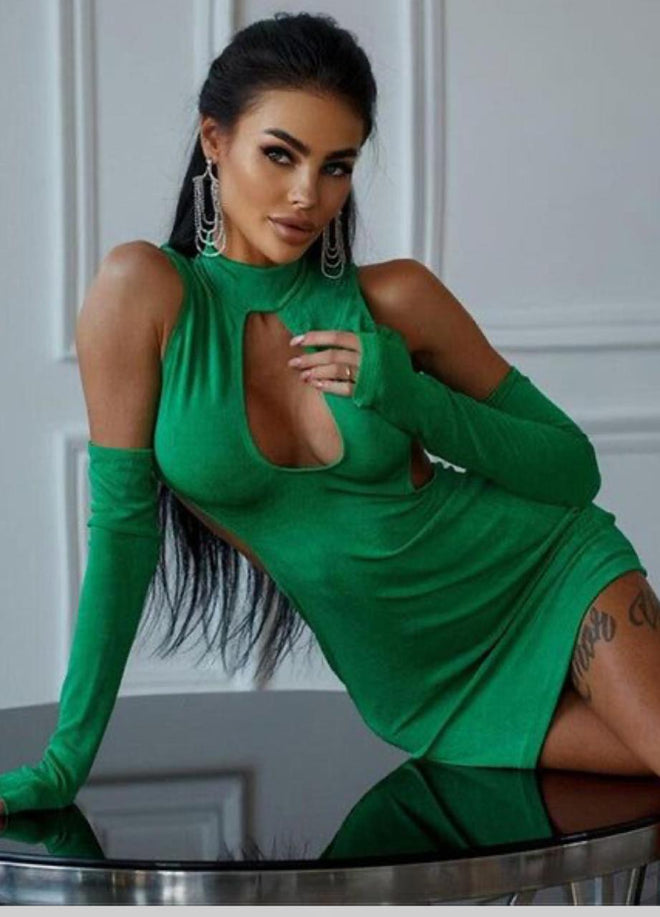 Cut-out Mini Dress With Seperate Sleeves - In Green