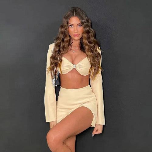 Skirt With Slit And Top Co-ord Set - In Beige