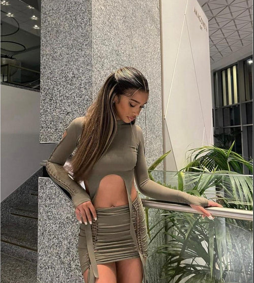 Mini Skirt And Long Sleeve Crop Top - In Green