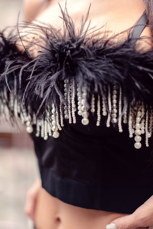 Elastic Crop Top With Feathers