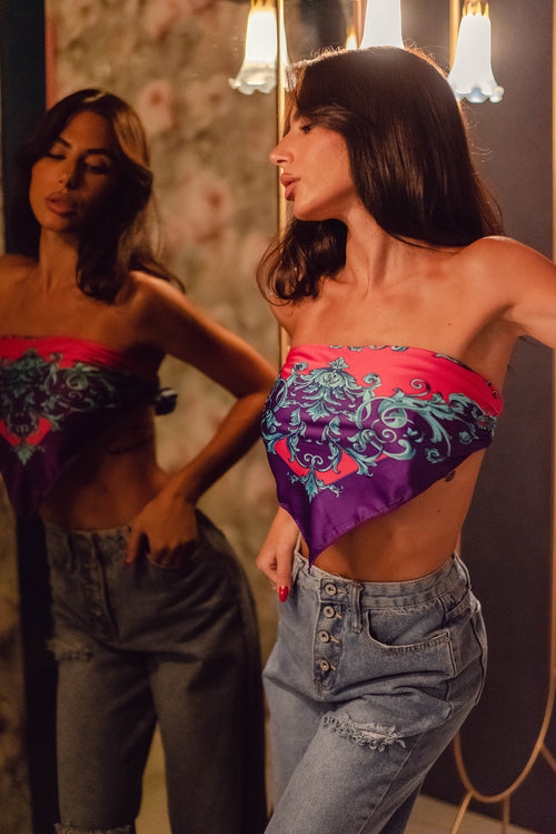 Colourful Purple Satin Scarf Crop Top