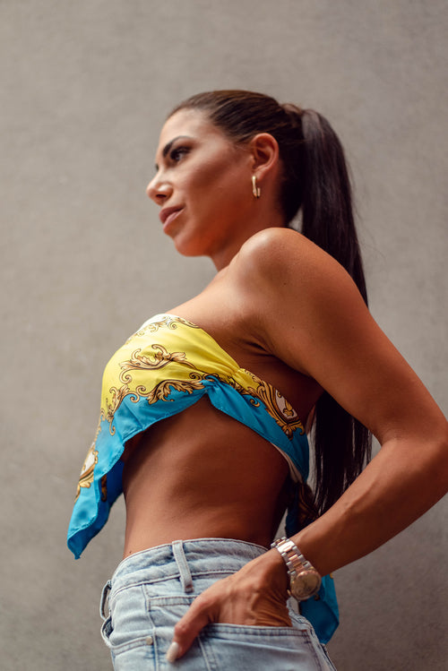 Colourful Yellow Satin Scarf Crop Top