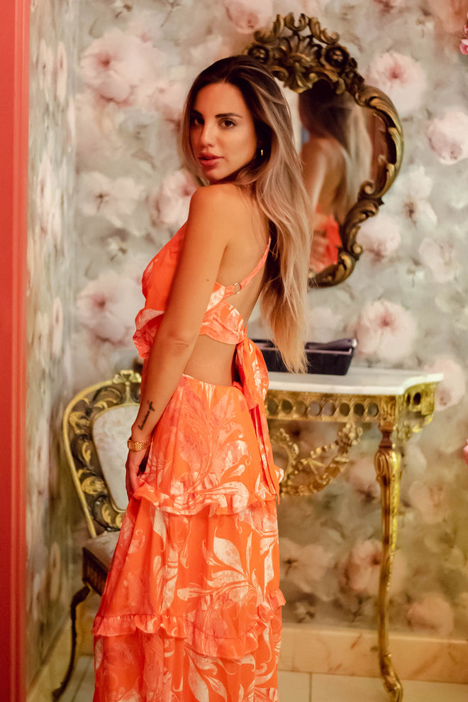 Orange Floral Cut Out Maxi Dress