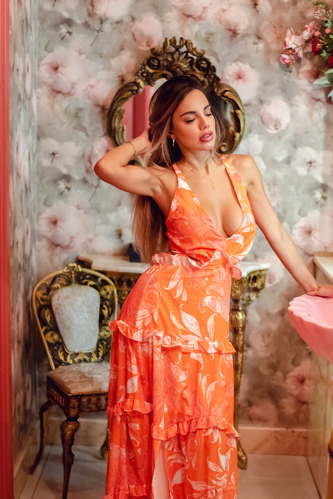 Orange Floral Cut Out Maxi Dress