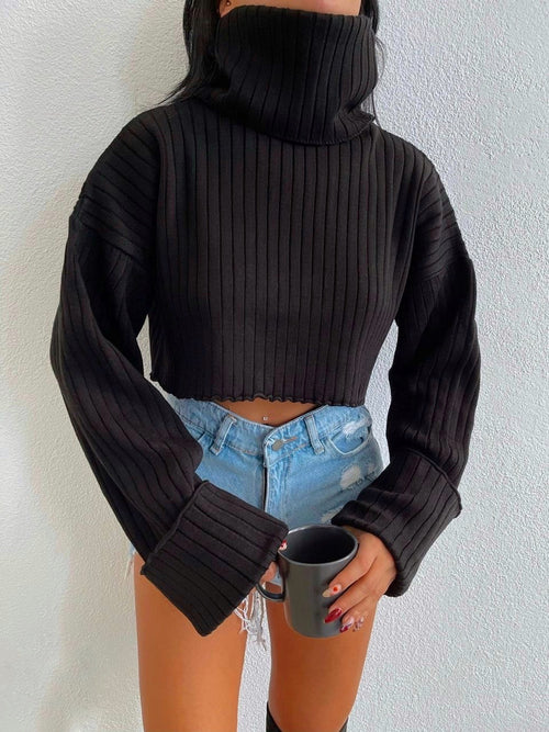 Cropped Turtleneck Sweater - Black