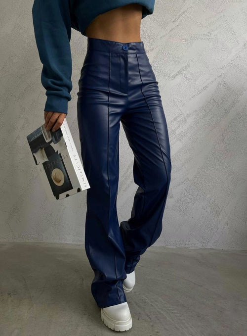 Straight Leather Trousers- Dark Blue