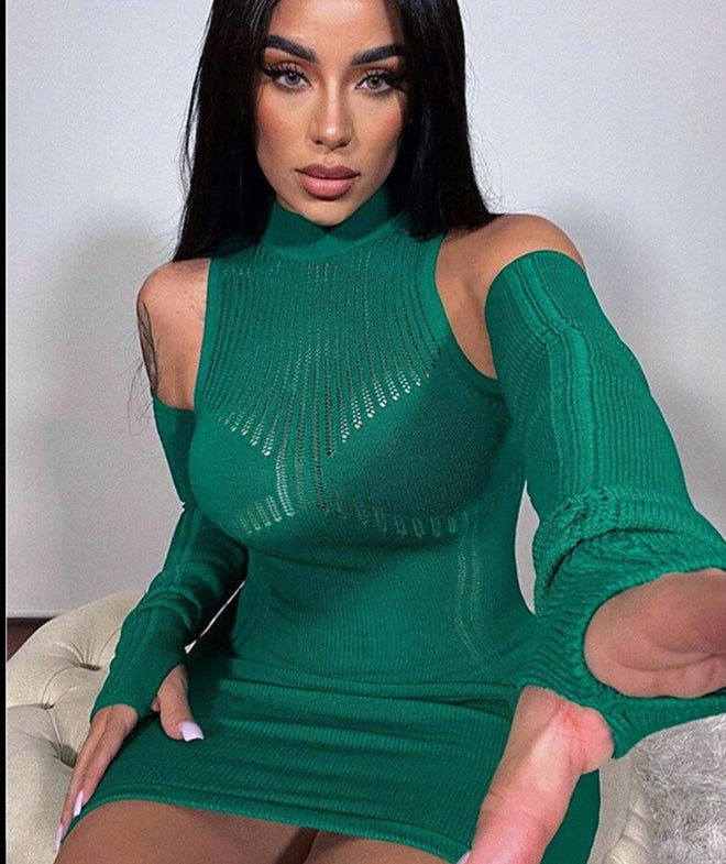 Green Knitted Dress With Gloves