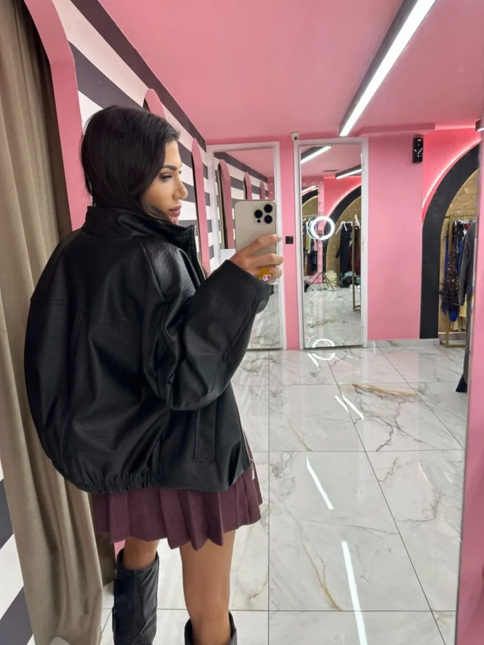 Oversized Leather Jacket – Μαύρο - Image 2