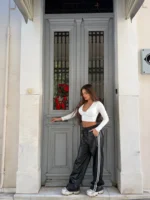 Black White Line Leather Pants