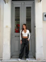 Black Yellow Line Leather Pants