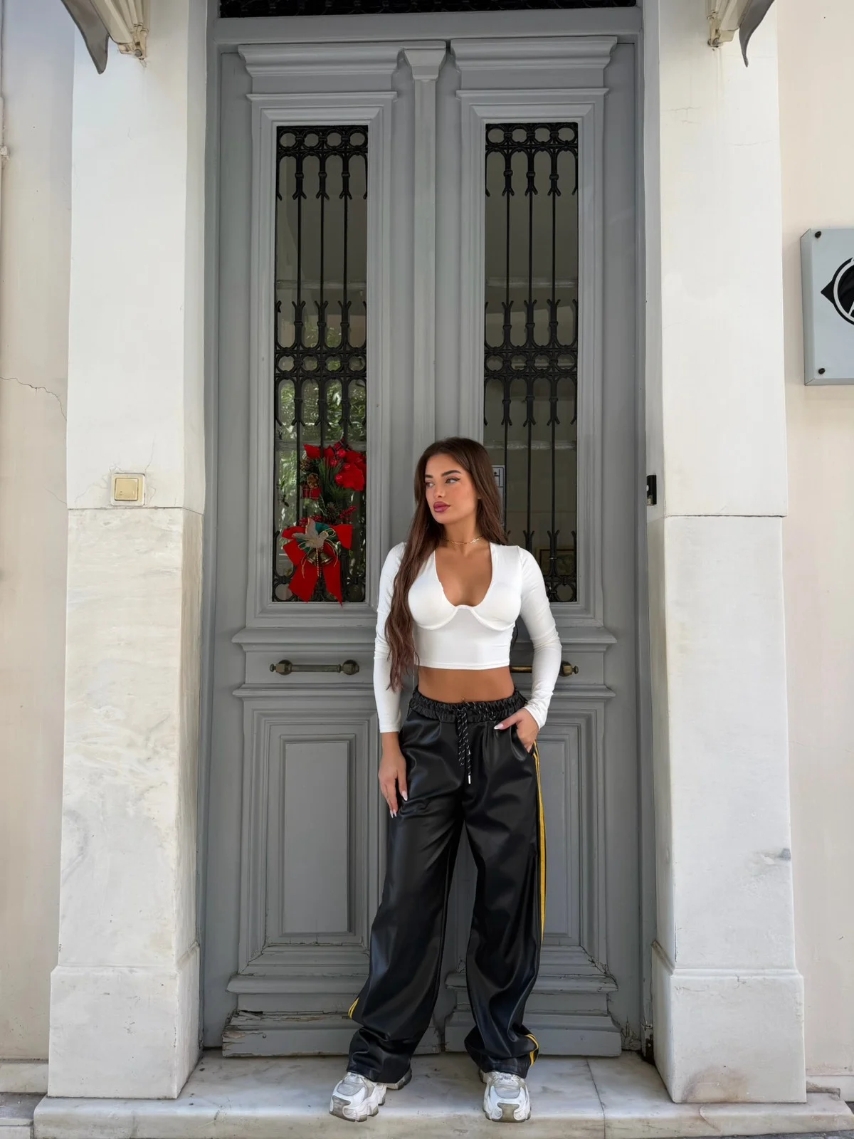 0-02-05-b5e6bbd18c0e06ca896cb9951002057502e57f280cedda0e0e8f34a0556b8388_22373c39140 Black Yellow Line Leather Pants - Image 1