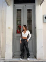 Black White Line Leather Pants - Image 2