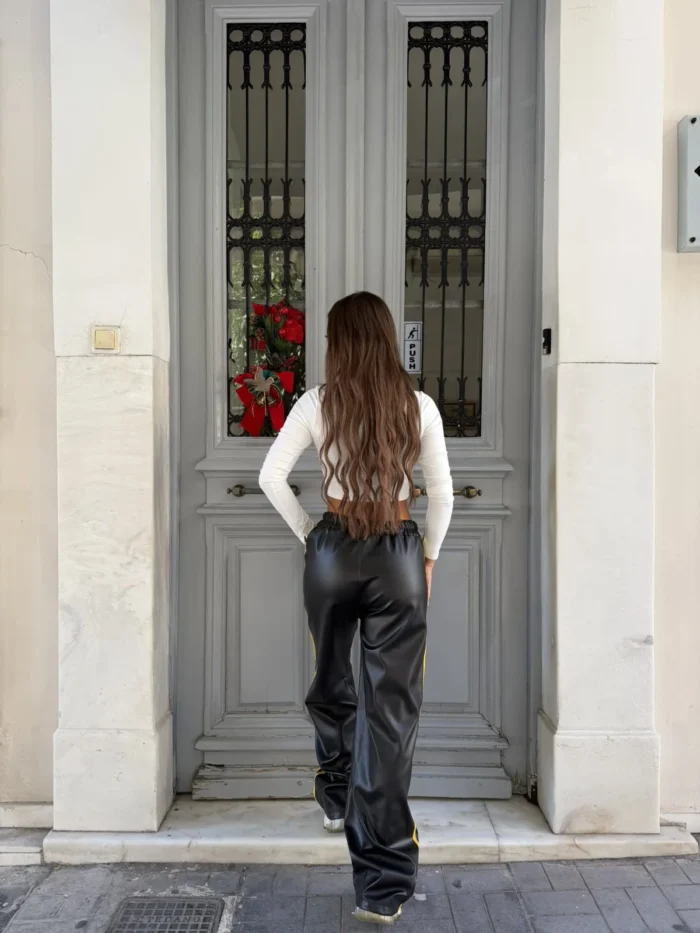 Black Yellow Line Leather Pants - Image 3