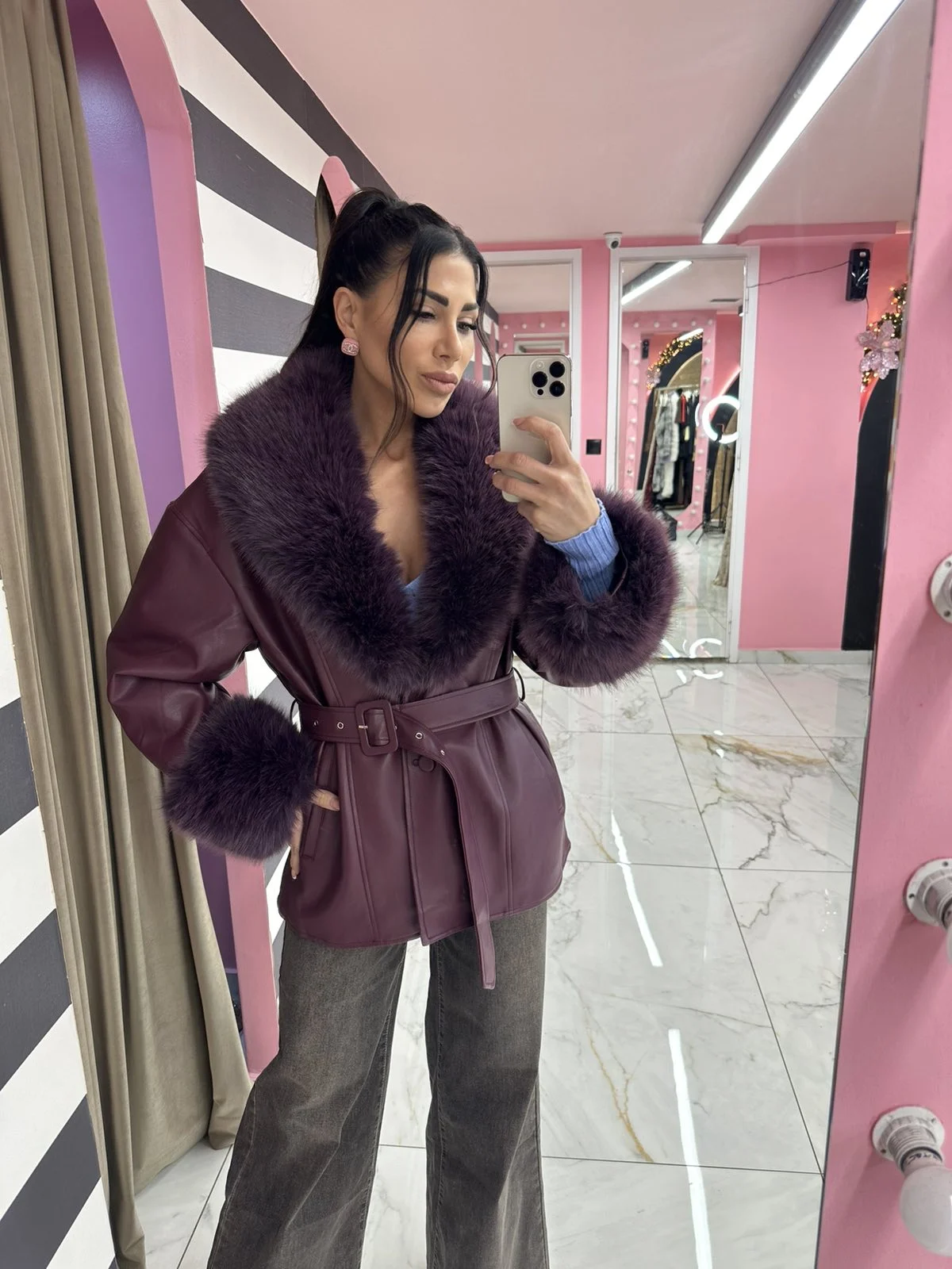 0-02-05-1350823d32135489d54d2f2ef73c5ce416105f7d7e4e944ec9d5c89702cdf265_2228f0433ee Plum Royal Fur Belted Jacket - Image 1