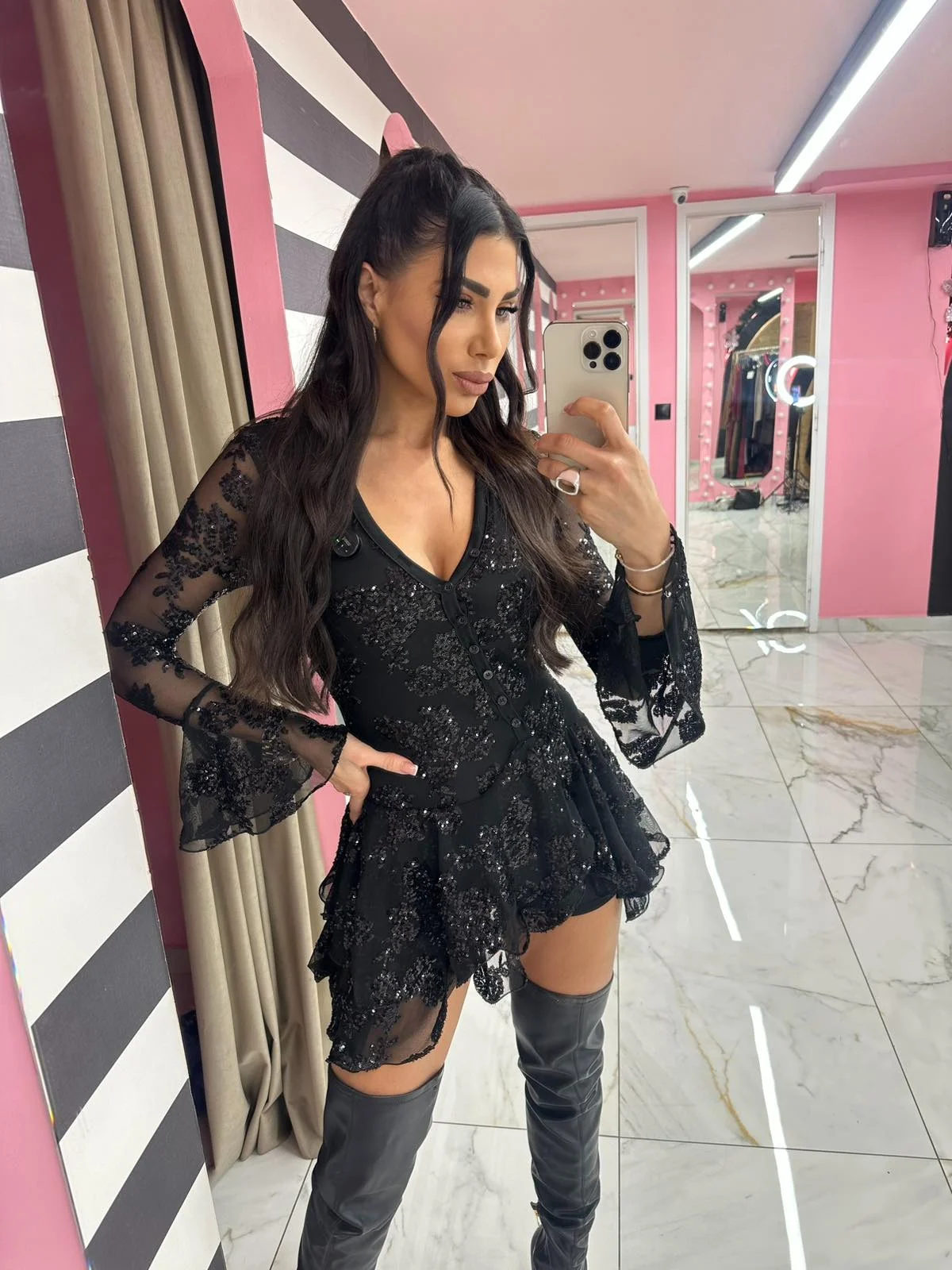 0-02-05-6cf2dcc74ded138f93c22293cdd2ead8bedd4806cffe7cf7efd01a762e22829b_222f1a4f03d Black Lace Sequin Playsuit - Image 1