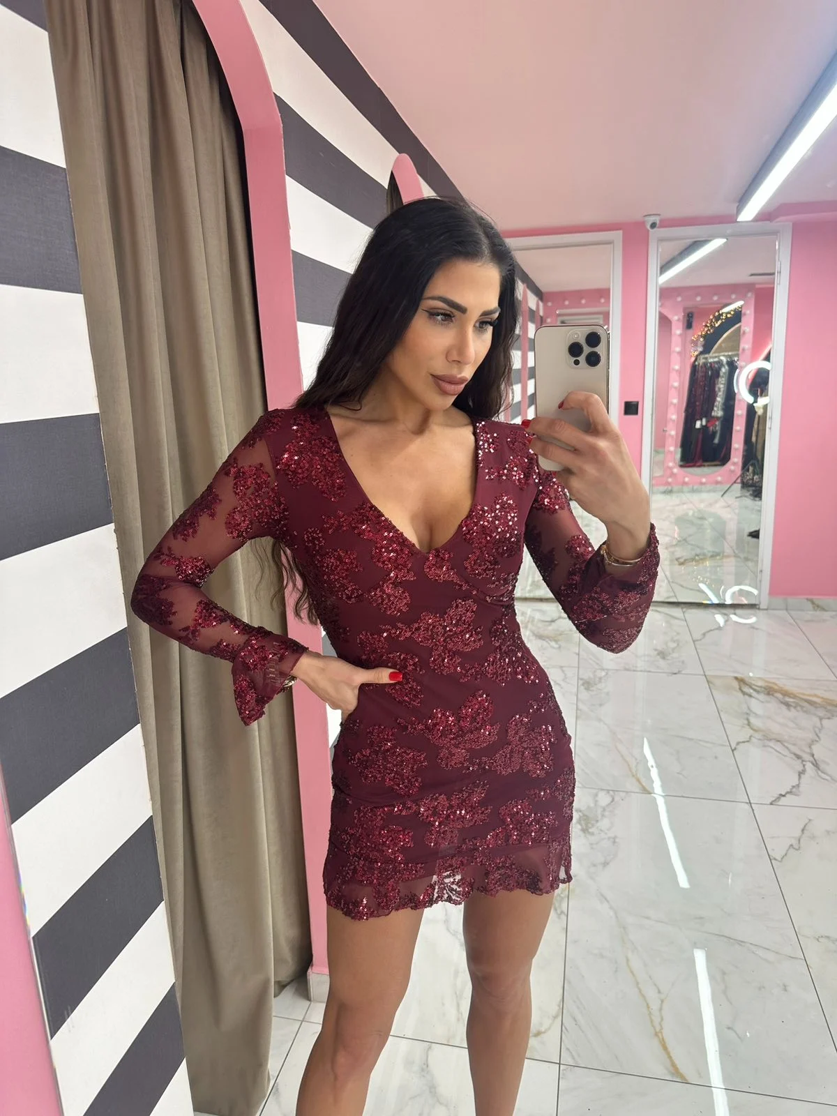 0-02-05-7834a79ff6a9befd584f09df74d967f3551b2c3a7e9035e184899382282361e7_222d9d99129 Burgundy Glam Mini Dress - Image 1