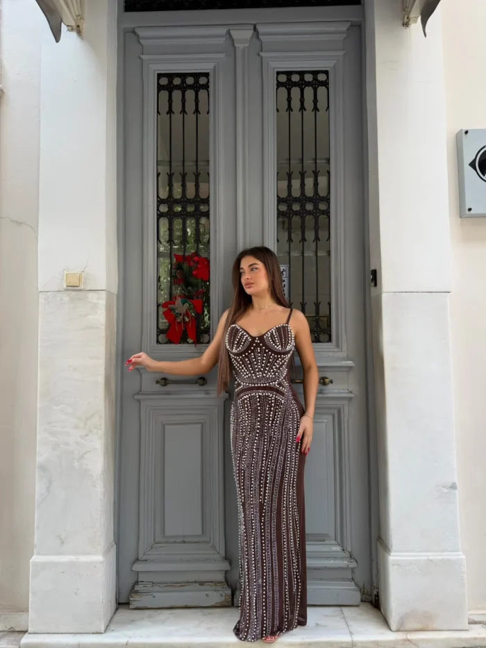 Royal Crystal Bustier Maxi Dress – Brown - Image 2
